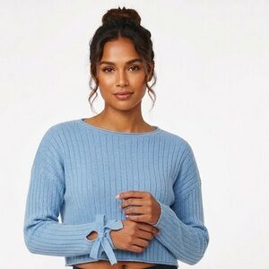 O&O S Blue Dream Ribbed Knit Bow Sleeve Cropped Cottagecore Soft Girl Sweater